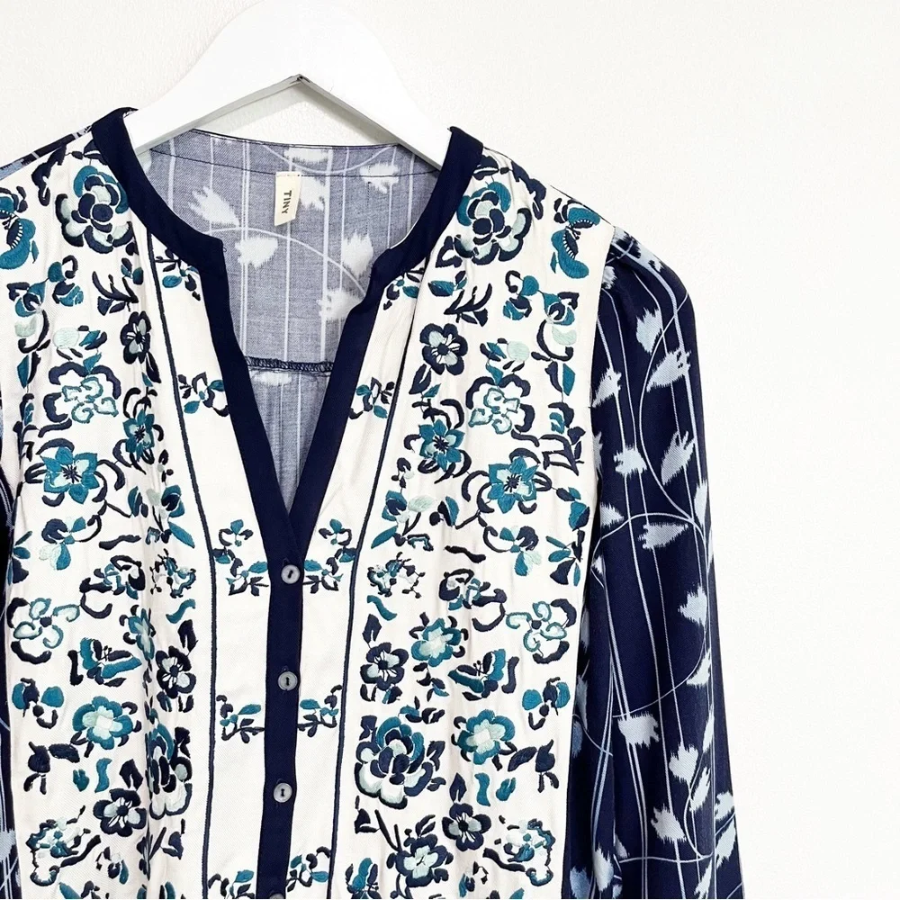 BOGO! Anthropologie Tiny Embroidered Shirt Shift Dress Floral Blue XS